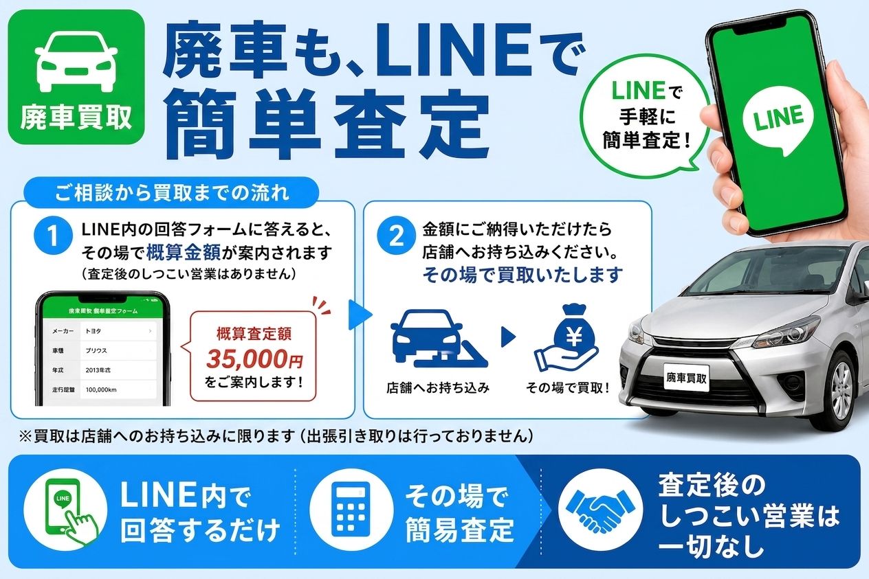 廃車も、LINEで簡単査定。ご相談から買取までの流れと概算査定額の例